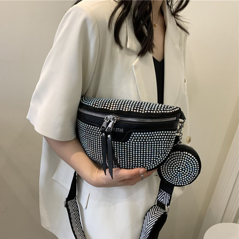 Fashion Rhinestone PU Leather Waist Bag