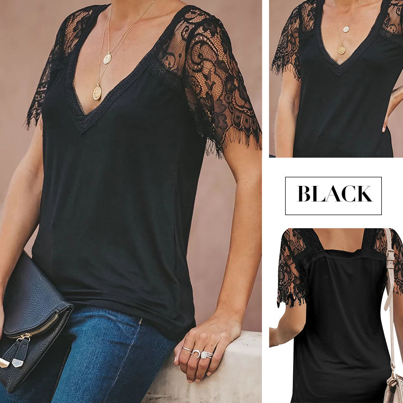 Women's V Neck Lace Sleeves Shirt