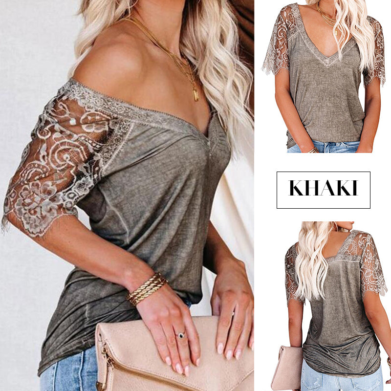 Women's V Neck Lace Sleeves Shirt